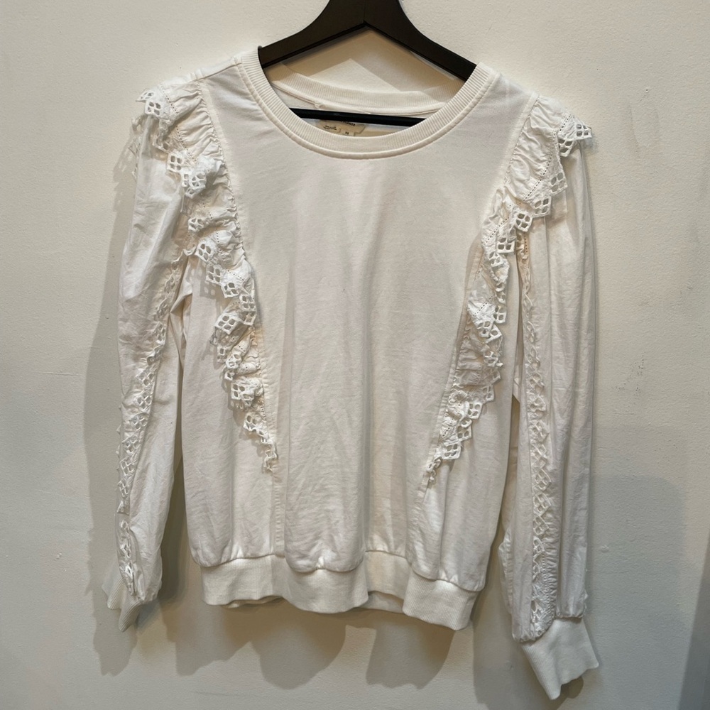 Anthropologie White Lace Ruffle Sweatshirt